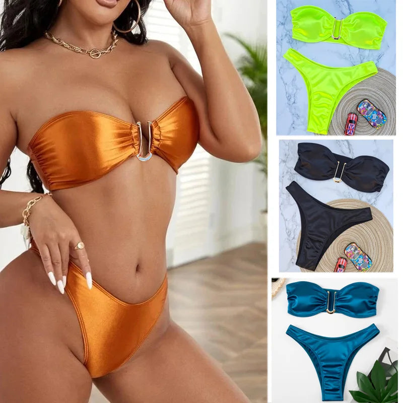 Bikini Taille Haute Femme | Bandeau Push-Up Gainant