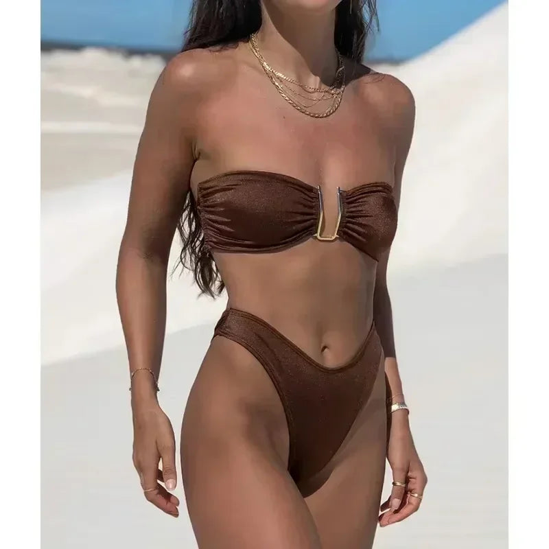 Bikini Taille Haute Femme | Bandeau Push-Up Gainant