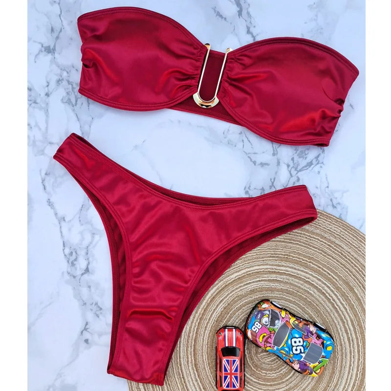 Bikini Taille Haute Femme | Bandeau Push-Up Gainant