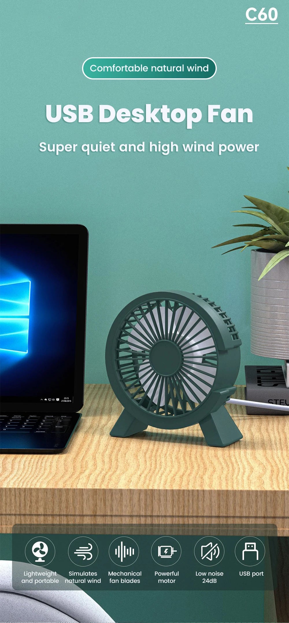 Ventilateur de Bureau USB Rechargeable — Puissant & Silencieux